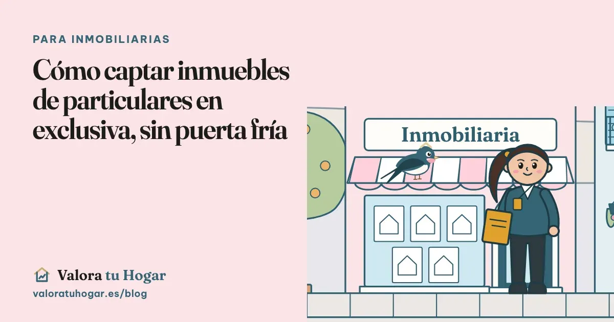 Ilustración de una agente inmobiliaria con una carpeta delante de su oficina, con Vera, la golondrina de Valora tu Hogar, posada en el toldo