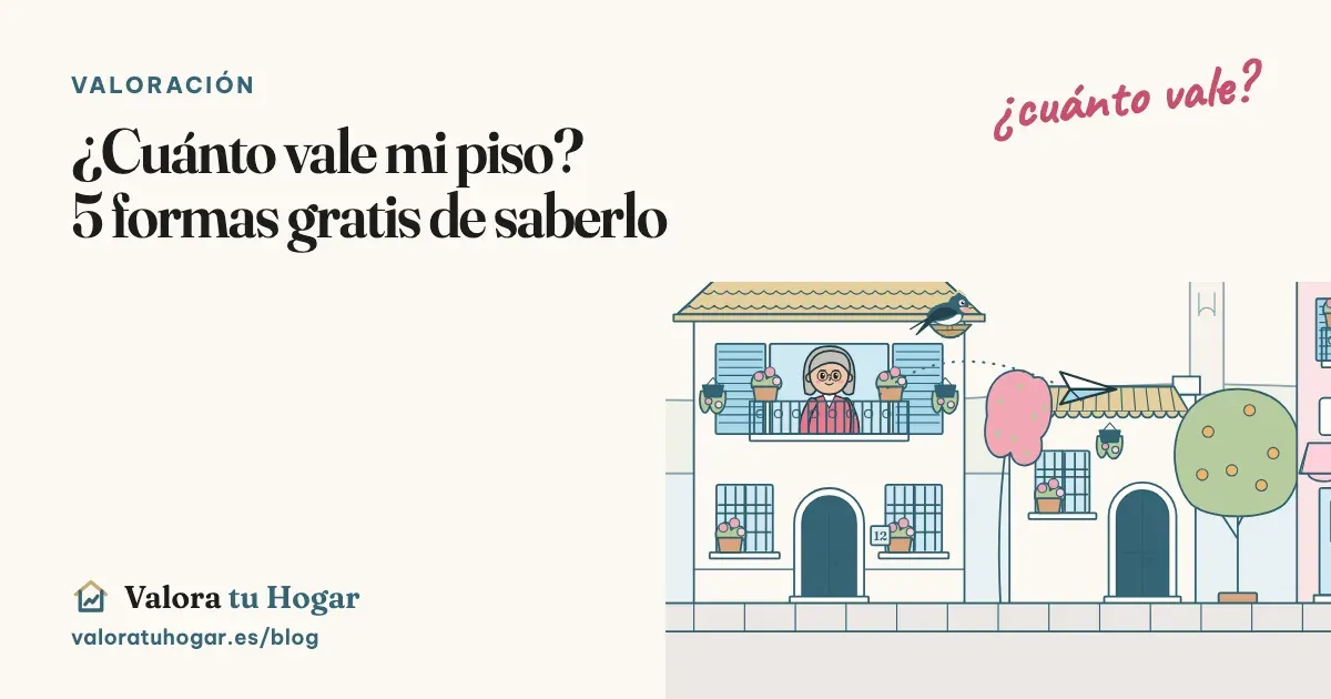 Ilustración de una calle con una casa de dos plantas, Vera, la golondrina de Valora tu Hogar, en su nido y un avión de papel camino de la inmobiliaria del barrio