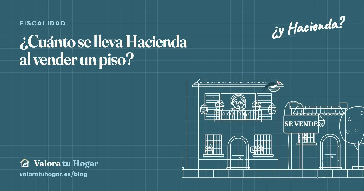 Ilustración a tiza de una casa de dos plantas con un cartel de Se vende y Vera, la golondrina de Valora tu Hogar, en su nido, con la pregunta ¿y Hacienda? escrita a mano