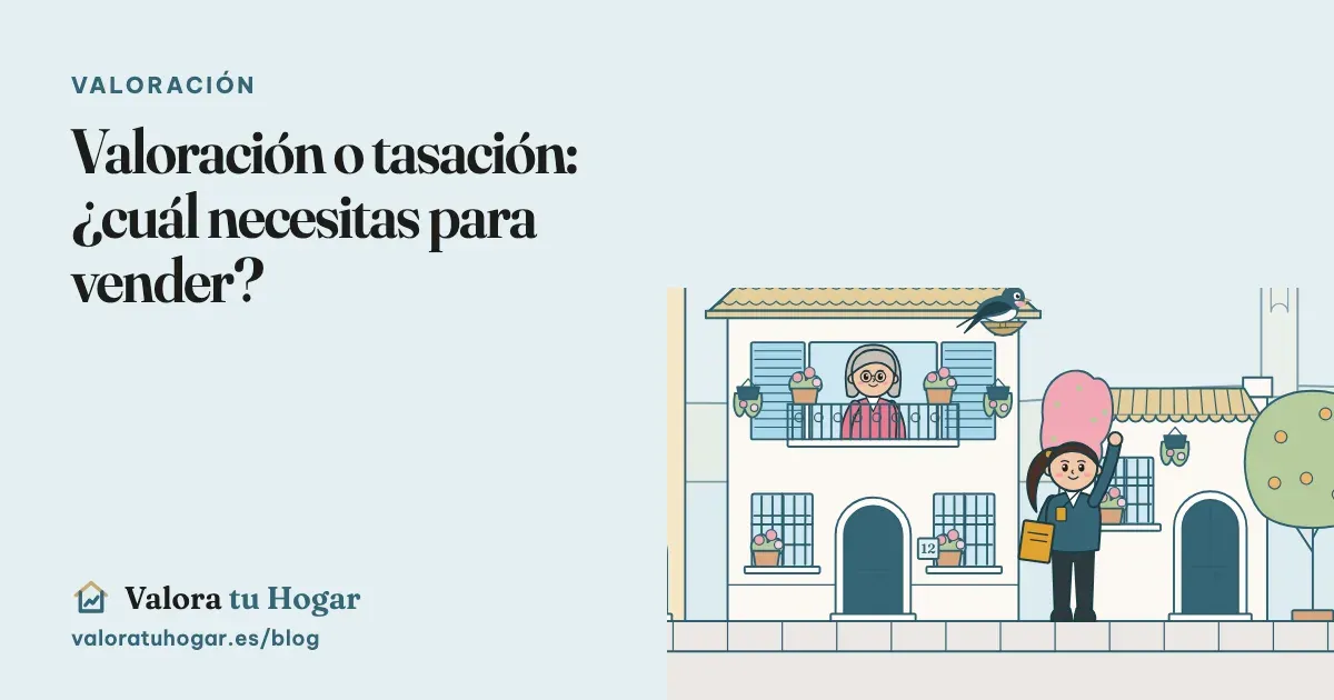 Ilustración de una calle con una vivienda, una agente inmobiliaria saludando y Vera, la golondrina de Valora tu Hogar, posada en su nido