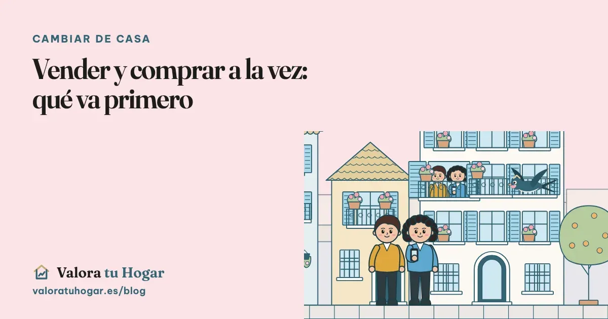 Ilustración de una pareja delante de un edificio de viviendas, la misma pareja asomada a su balcón y Vera, la golondrina de Valora tu Hogar, volando