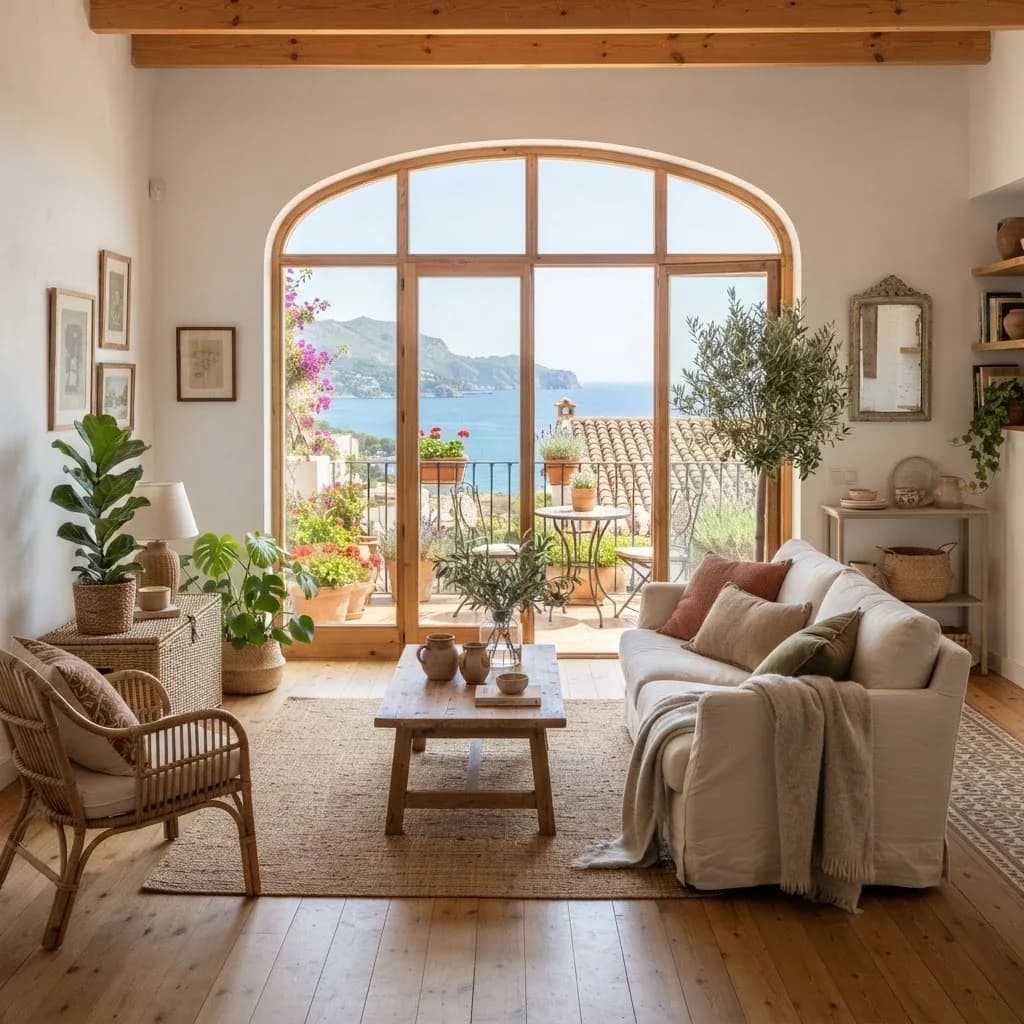 Bright Mediterranean-style living room with sea views