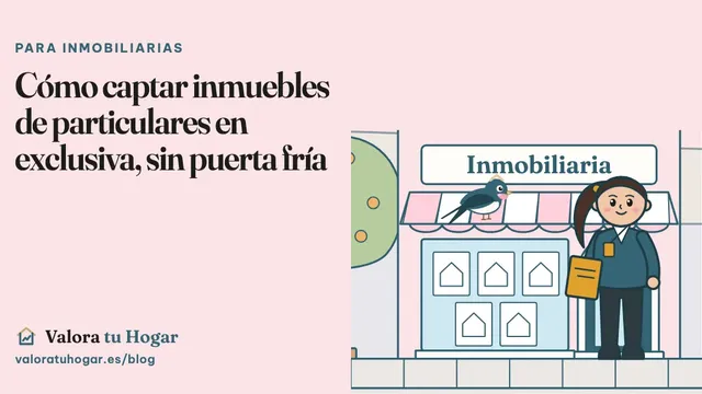 Ilustración de una agente inmobiliaria con una carpeta delante de su oficina, con Vera, la golondrina de Valora tu Hogar, posada en el toldo