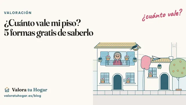 Ilustración de una calle con una casa de dos plantas, Vera, la golondrina de Valora tu Hogar, en su nido y un avión de papel camino de la inmobiliaria del barrio