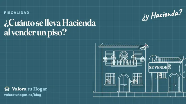 Ilustración a tiza de una casa de dos plantas con un cartel de Se vende y Vera, la golondrina de Valora tu Hogar, en su nido, con la pregunta ¿y Hacienda? escrita a mano