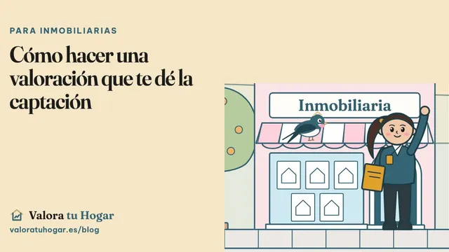 Ilustración de una agente inmobiliaria saludando con una carpeta delante de una inmobiliaria de barrio, con Vera, la golondrina de Valora tu Hogar, sobre el toldo