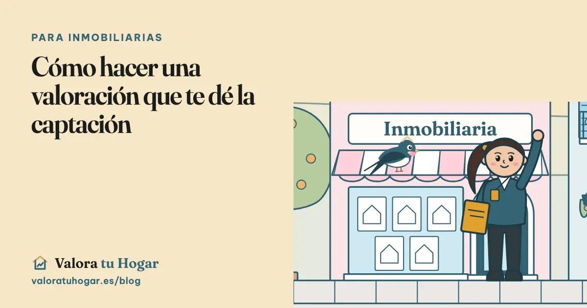 Ilustración de una agente inmobiliaria saludando con una carpeta delante de una inmobiliaria de barrio, con Vera, la golondrina de Valora tu Hogar, sobre el toldo