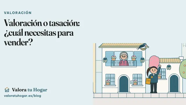 Ilustración de una calle con una vivienda, una agente inmobiliaria saludando y Vera, la golondrina de Valora tu Hogar, posada en su nido