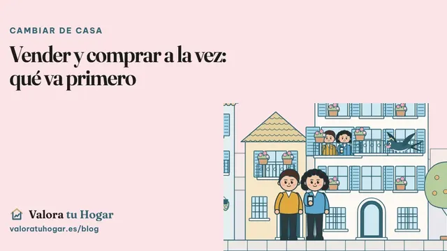 Ilustración de una pareja delante de un edificio de viviendas, la misma pareja asomada a su balcón y Vera, la golondrina de Valora tu Hogar, volando